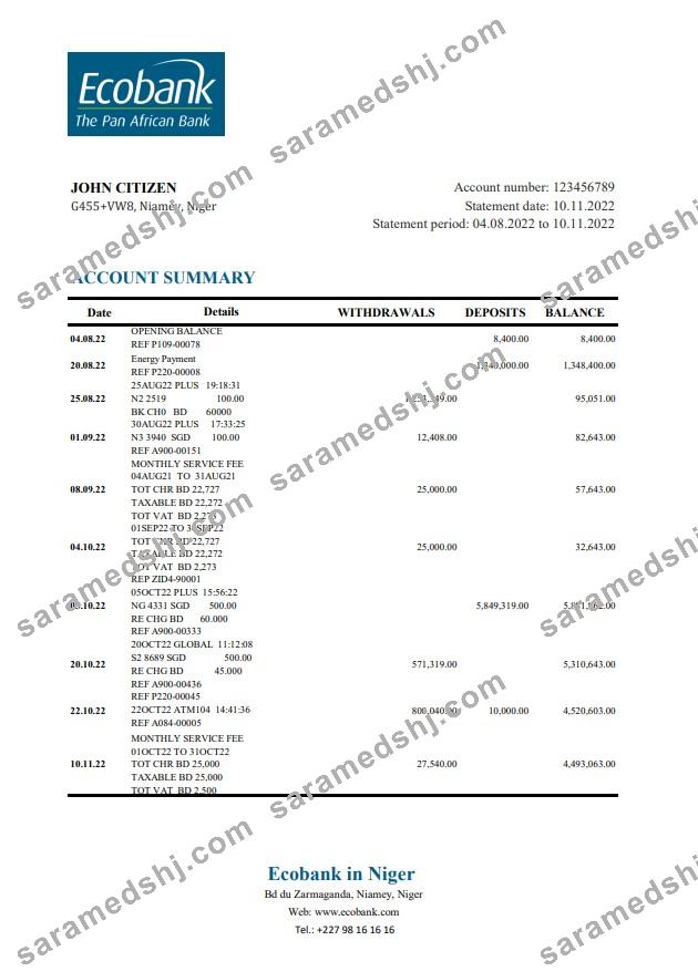 Niger Ecobank bank statement
